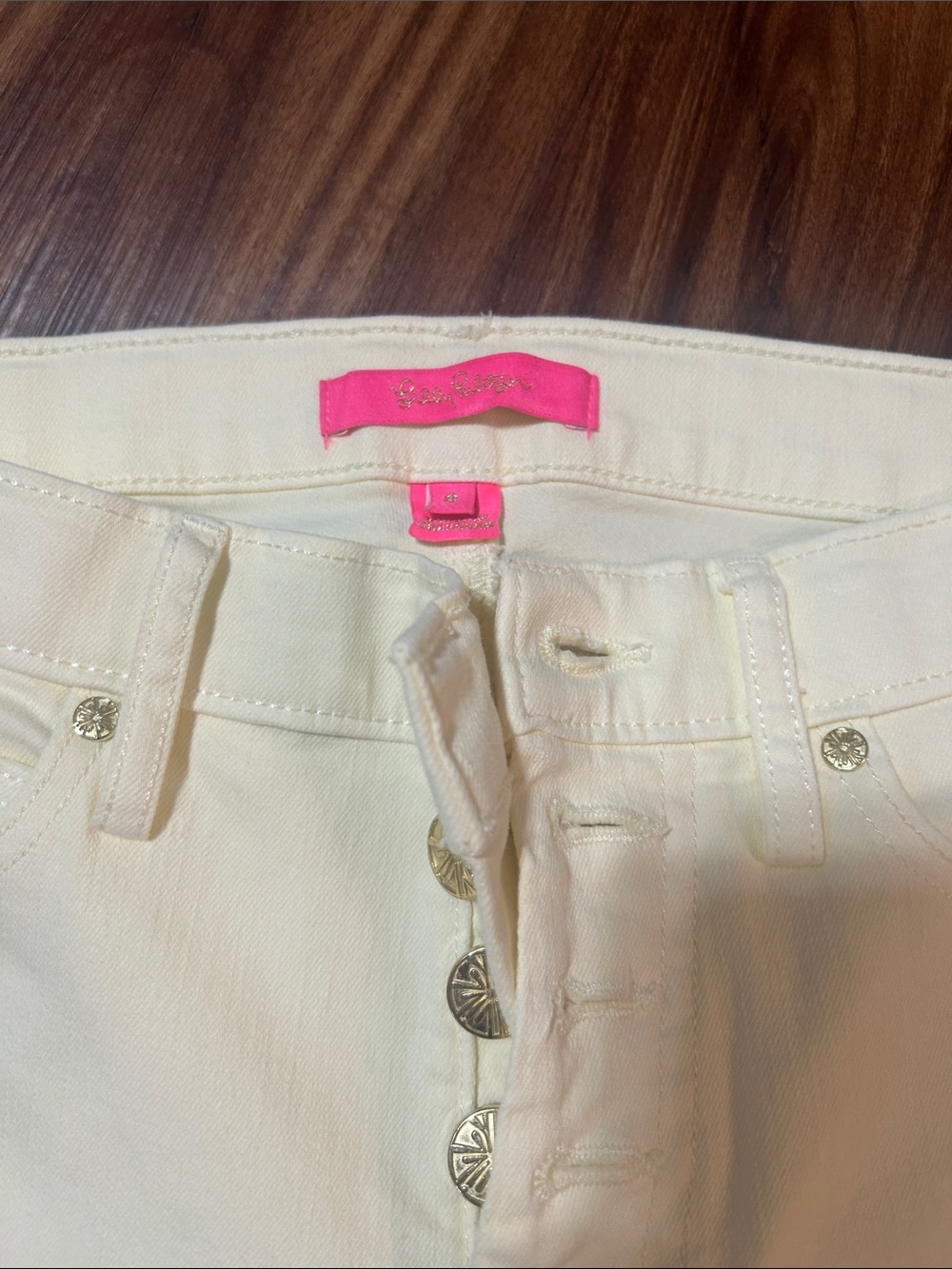 Betsey Johnson Cream High-Rise Button-Fly Jeans with Pink Label